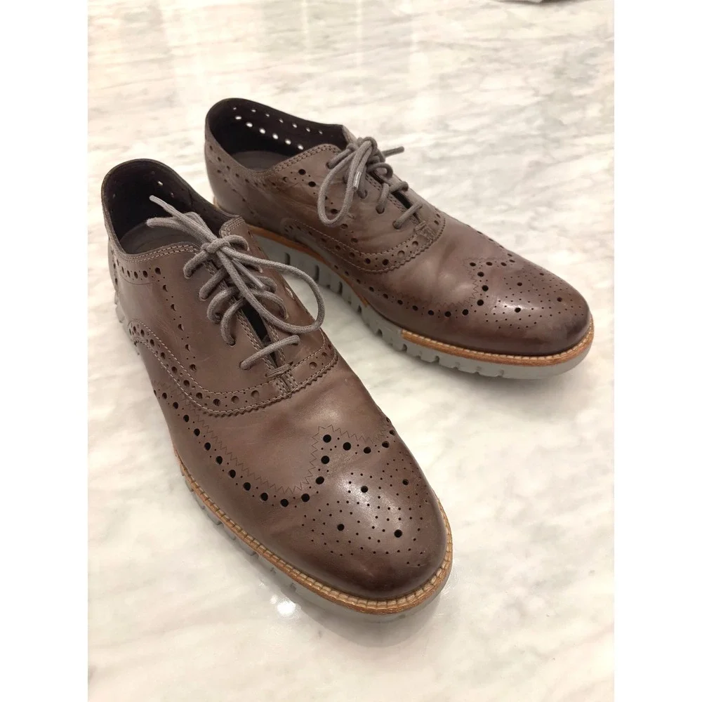 Cole Haan Zerogrand Wingtip Oxfords Brown Leather Brogue Gray Sole Men 9.5M Shoe